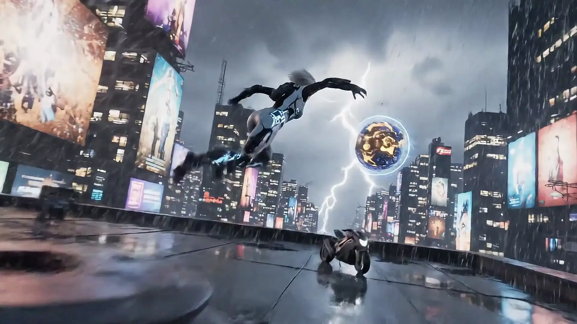 Neon rooftop chase reference